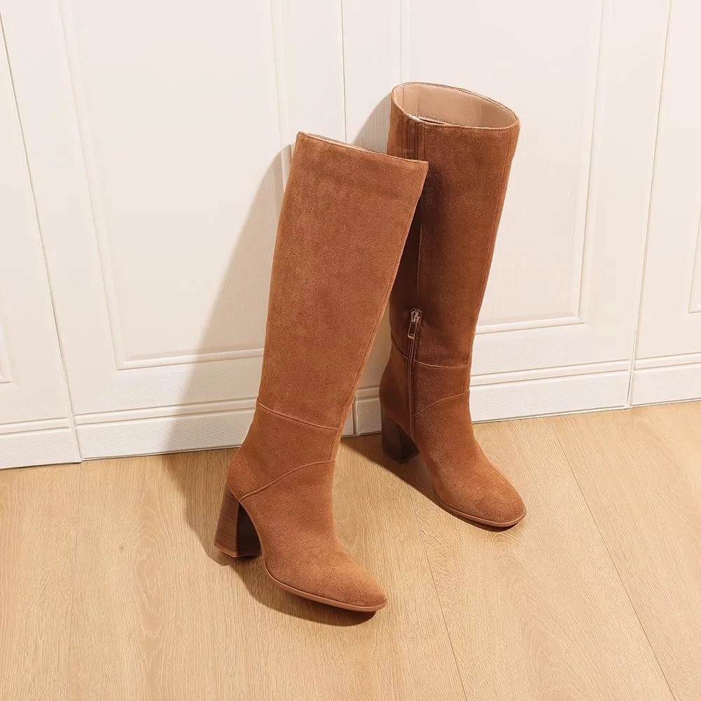 Knee High Boots Women Fall Winter Faux Suede Square Toe Chunky Block Heel Wide Calf Boots Fashion Side Zipper Long Boot
