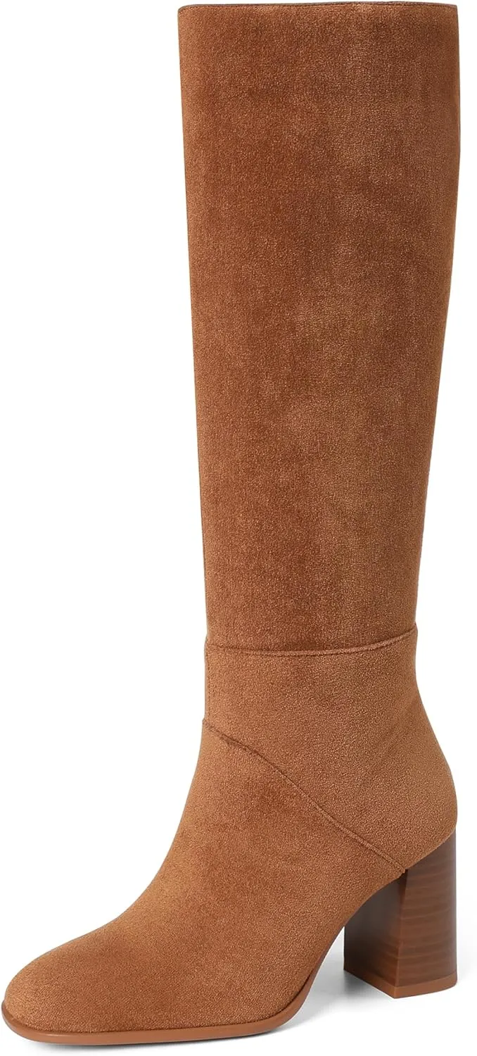 Knee High Boots Women Fall Winter Faux Suede Square Toe Chunky Block Heel Wide Calf Boots Fashion Side Zipper Long Boot