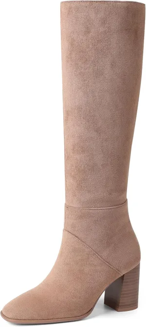 Knee High Boots Women Fall Winter Faux Suede Square Toe Chunky Block Heel Wide Calf Boots Fashion Side Zipper Long Boot