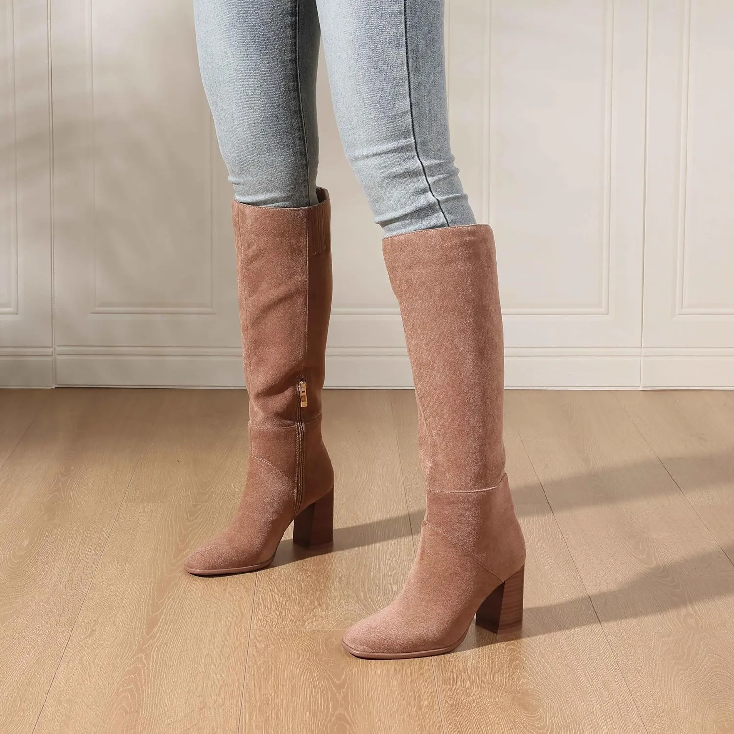 Knee High Boots Women Fall Winter Faux Suede Square Toe Chunky Block Heel Wide Calf Boots Fashion Side Zipper Long Boot