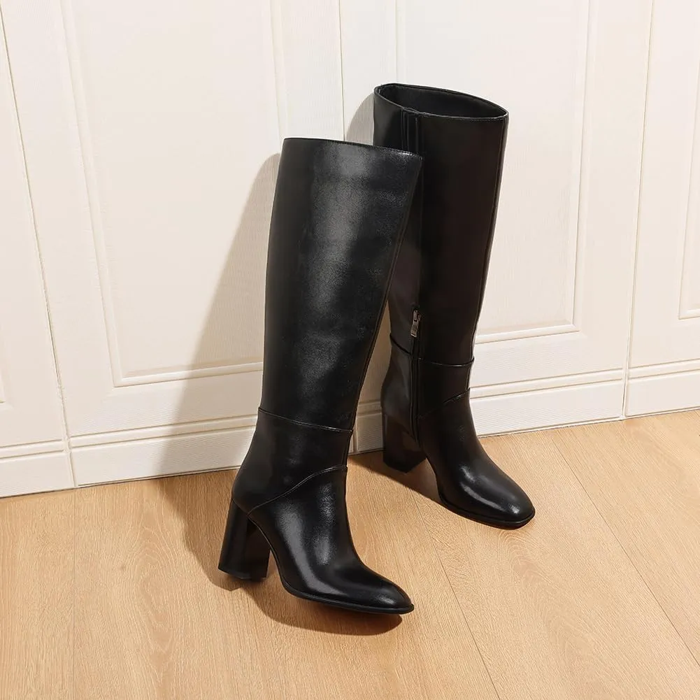 Knee High Boots Women Fall Winter Faux Suede Square Toe Chunky Block Heel Wide Calf Boots Fashion Side Zipper Long Boot