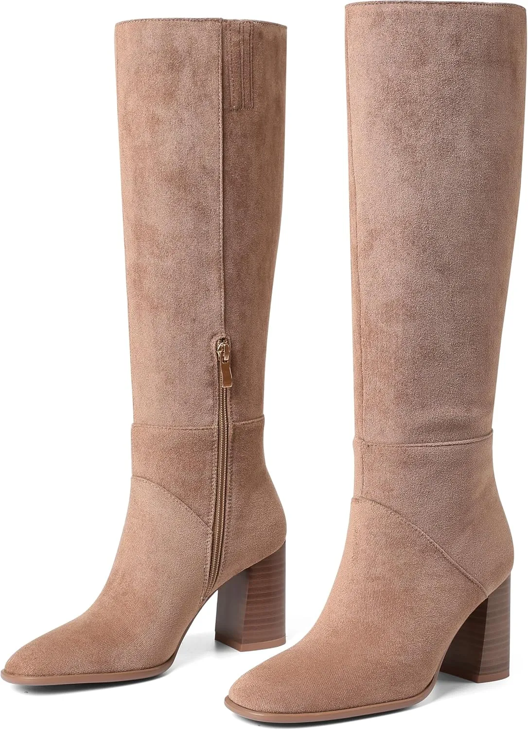 Knee High Boots Women Fall Winter Faux Suede Square Toe Chunky Block Heel Wide Calf Boots Fashion Side Zipper Long Boot