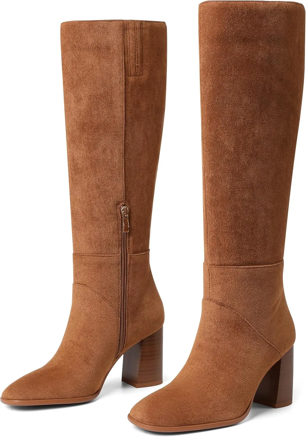 Knee High Boots Women Fall Winter Faux Suede Square Toe Chunky Block Heel Wide Calf Boots Fashion Side Zipper Long Boot