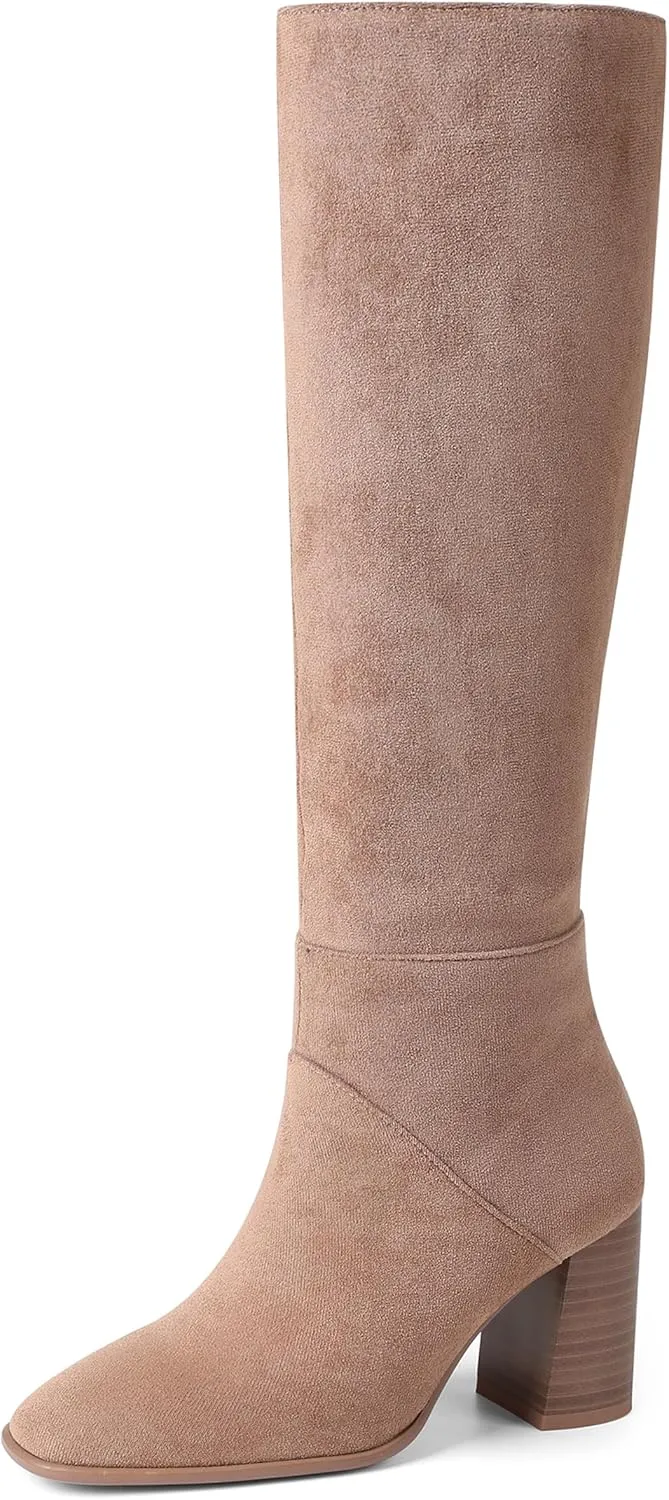 Knee High Boots Women Fall Winter Faux Suede Square Toe Chunky Block Heel Wide Calf Boots Fashion Side Zipper Long Boot