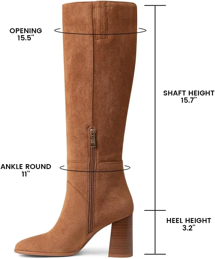 Knee High Boots Women Fall Winter Faux Suede Square Toe Chunky Block Heel Wide Calf Boots Fashion Side Zipper Long Boot