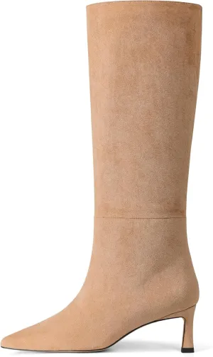 Knee High Boots Womens Wide Calf Kitten Heel Tall Boots Pointed Toe Suede Long Boots Trendy Dress Leather Low Heel High Boots Pull On