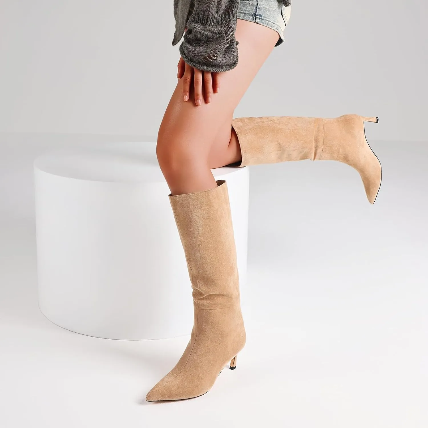Knee High Boots Womens Wide Calf Kitten Heel Tall Boots Pointed Toe Suede Long Boots Trendy Dress Leather Low Heel High Boots Pull On