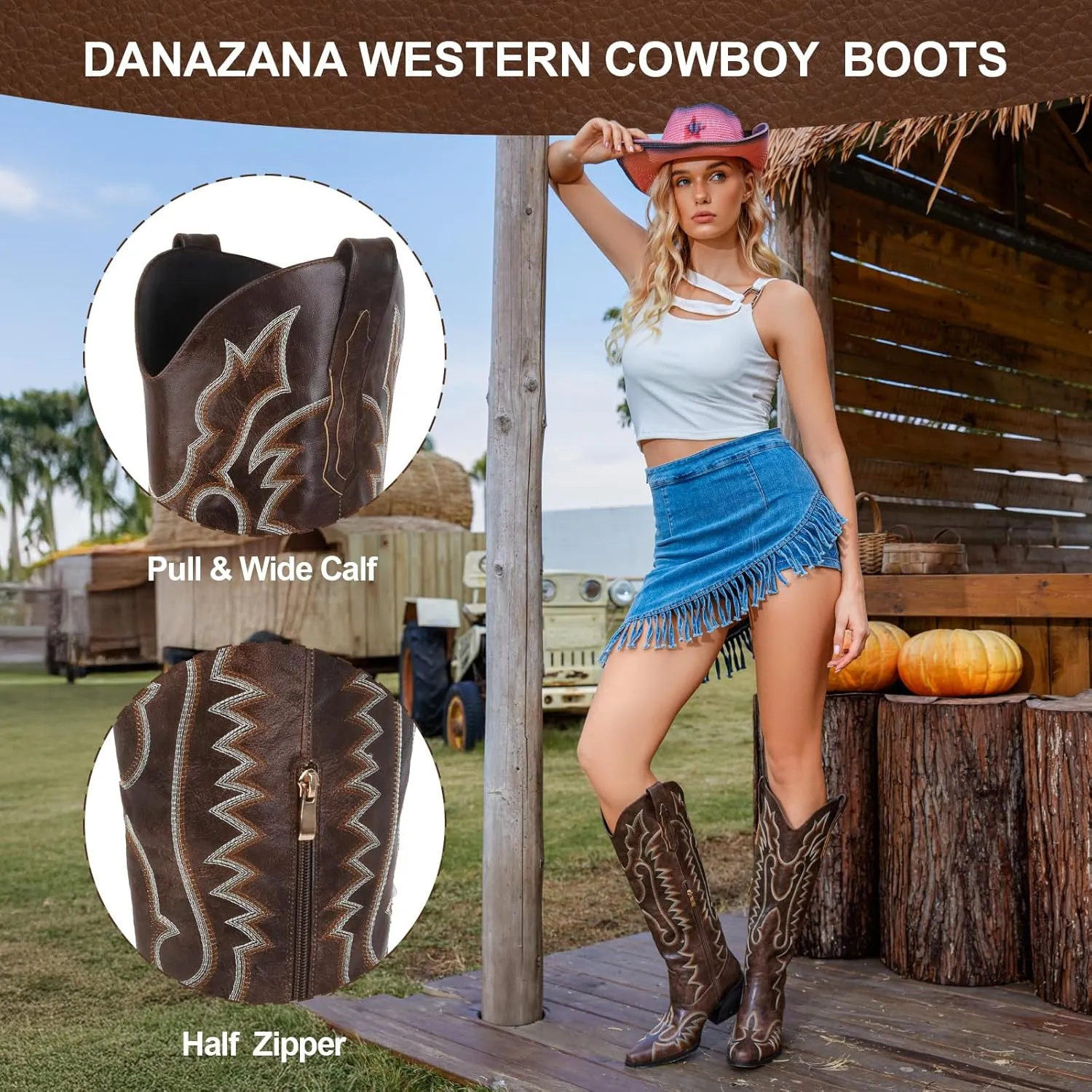 Knee High Embroidered Cowboy Boots Women Wide Calf Boots With Half Zip Western Pointed Toe Cowgirl Boots For Lady Size 7-10