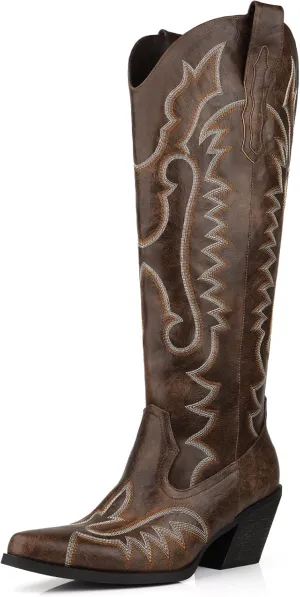 Knee High Embroidered Cowboy Boots Women Wide Calf Boots With Half Zip Western Pointed Toe Cowgirl Boots For Lady Size 7-10