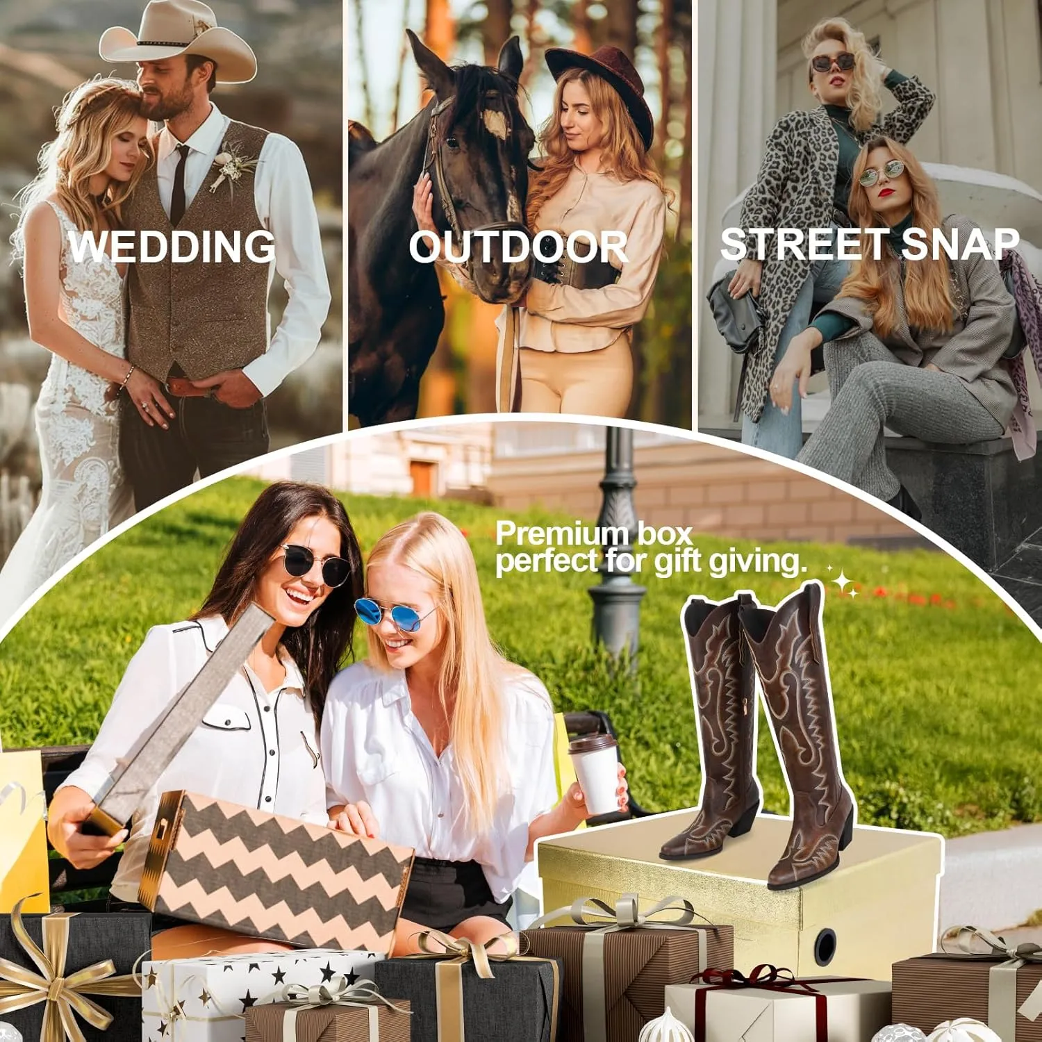 Knee High Embroidered Cowboy Boots Women Wide Calf Boots With Half Zip Western Pointed Toe Cowgirl Boots For Lady Size 7-10