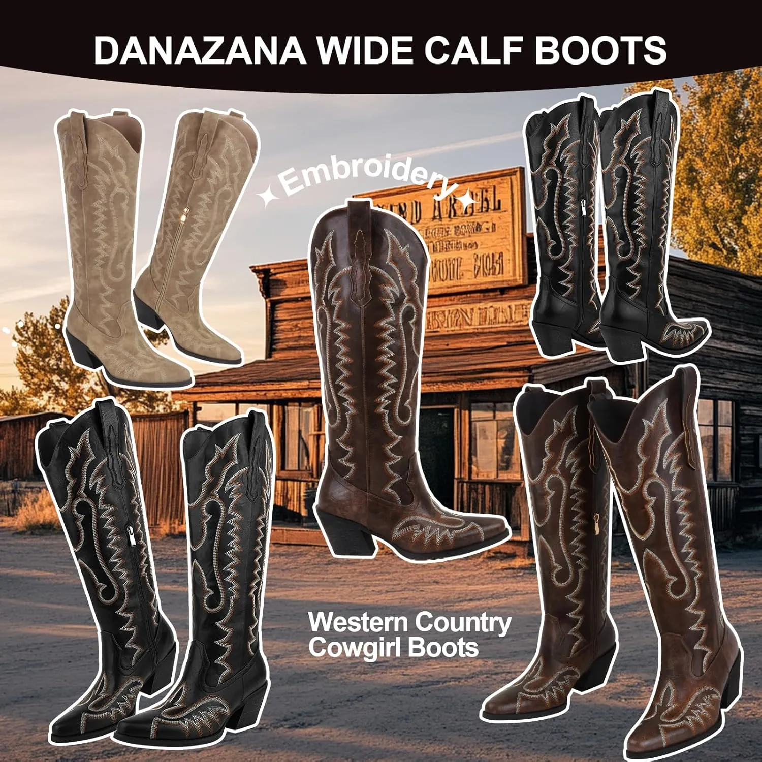 Knee High Embroidered Cowboy Boots Women Wide Calf Boots With Half Zip Western Pointed Toe Cowgirl Boots For Lady Size 7-10