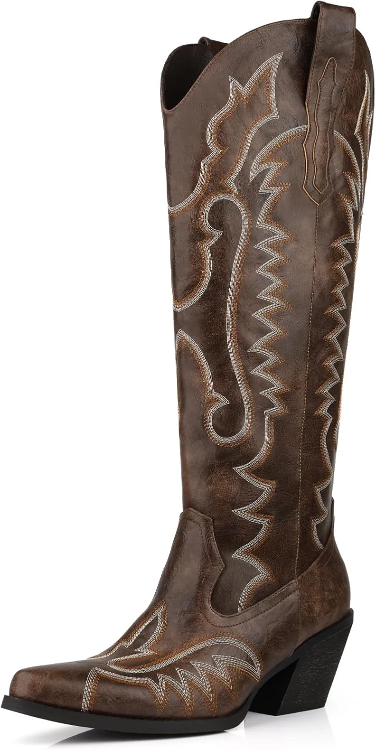 Knee High Embroidered Cowboy Boots Women Wide Calf Boots With Half Zip Western Pointed Toe Cowgirl Boots For Lady Size 7-10