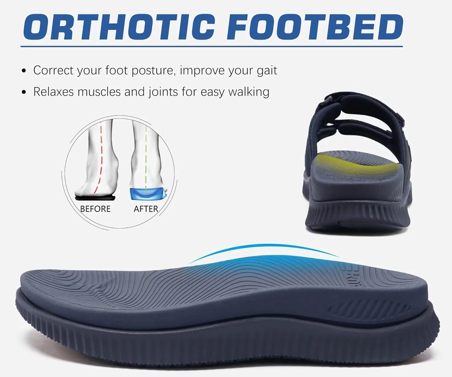 KuaiLu Mens Orthotic Sandals Athletic Thick Cushion Recovery Sport Slides Adjustable Strap Open Toe Walking Sandles With Comfortable Plantar Fasciitis Arch Support
