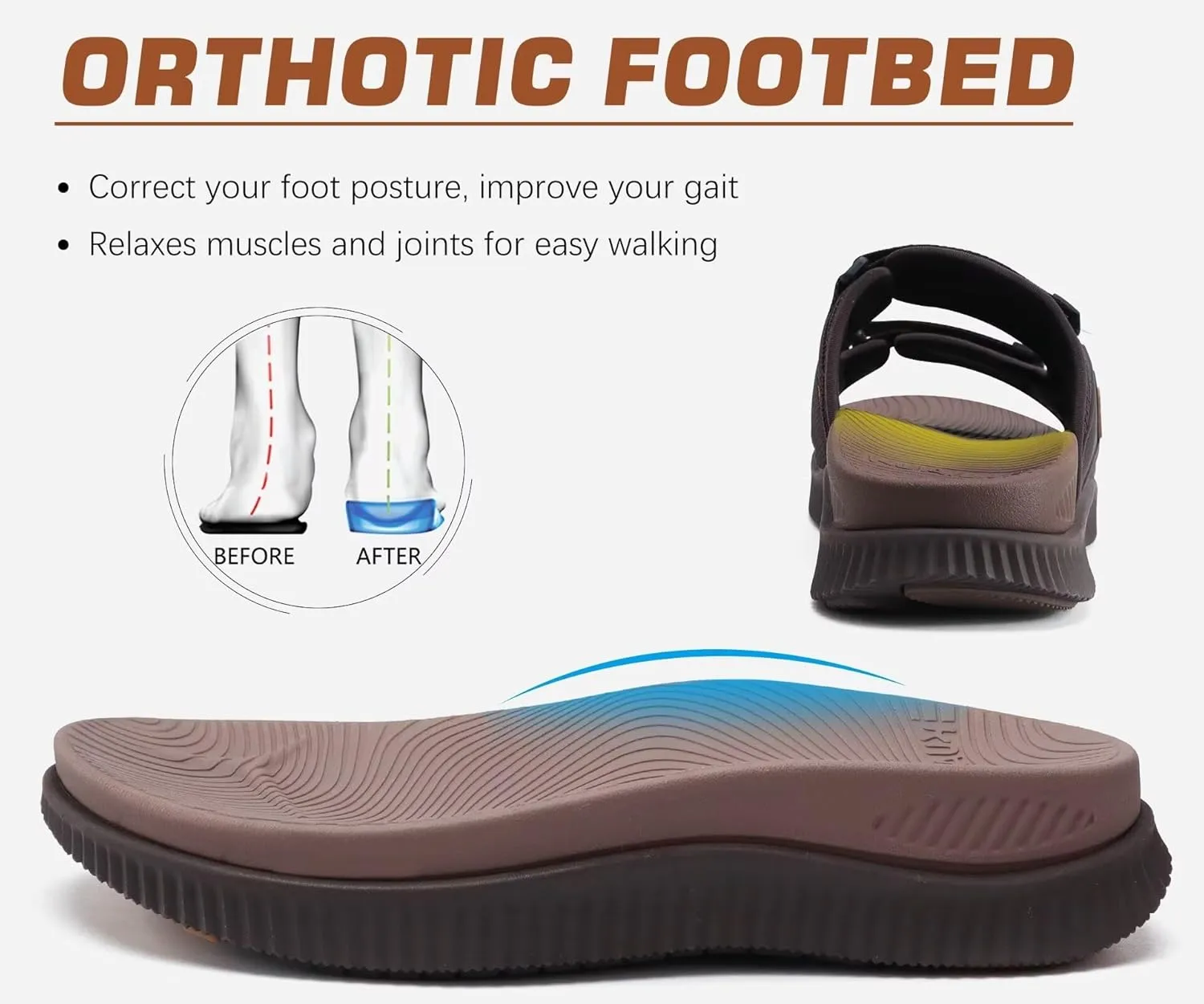 KuaiLu Mens Orthotic Sandals Athletic Thick Cushion Recovery Sport Slides Adjustable Strap Open Toe Walking Sandles With Comfortable Plantar Fasciitis Arch Support