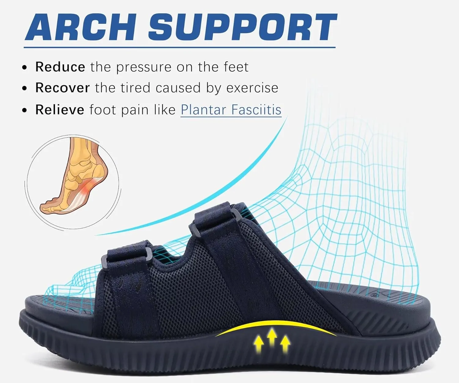 KuaiLu Mens Orthotic Sandals Athletic Thick Cushion Recovery Sport Slides Adjustable Strap Open Toe Walking Sandles With Comfortable Plantar Fasciitis Arch Support