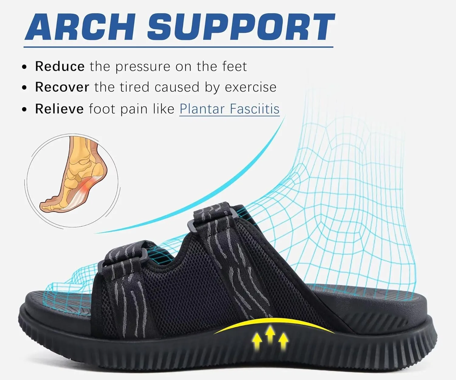 KuaiLu Mens Orthotic Sandals Athletic Thick Cushion Recovery Sport Slides Adjustable Strap Open Toe Walking Sandles With Comfortable Plantar Fasciitis Arch Support