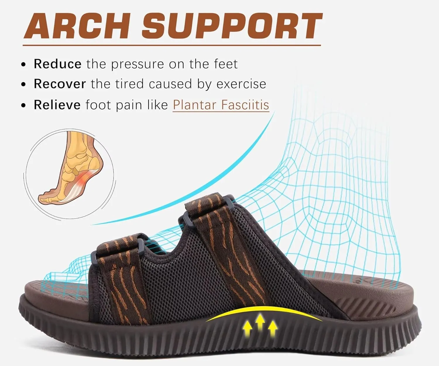 KuaiLu Mens Orthotic Sandals Athletic Thick Cushion Recovery Sport Slides Adjustable Strap Open Toe Walking Sandles With Comfortable Plantar Fasciitis Arch Support