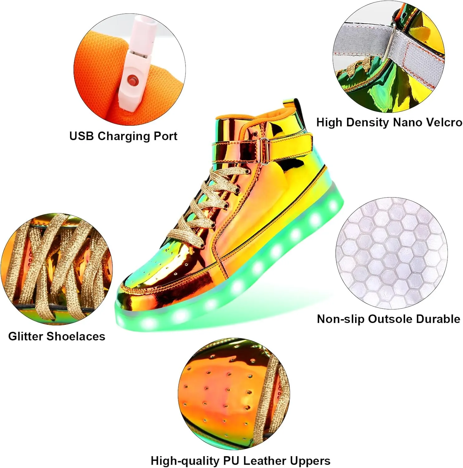 KUNWFNIX Light Up High Top Adult LED Sneakers - Multicolor, Men's & Women's - Glow in The Dark - USB Rechargeable - Dancing Parties