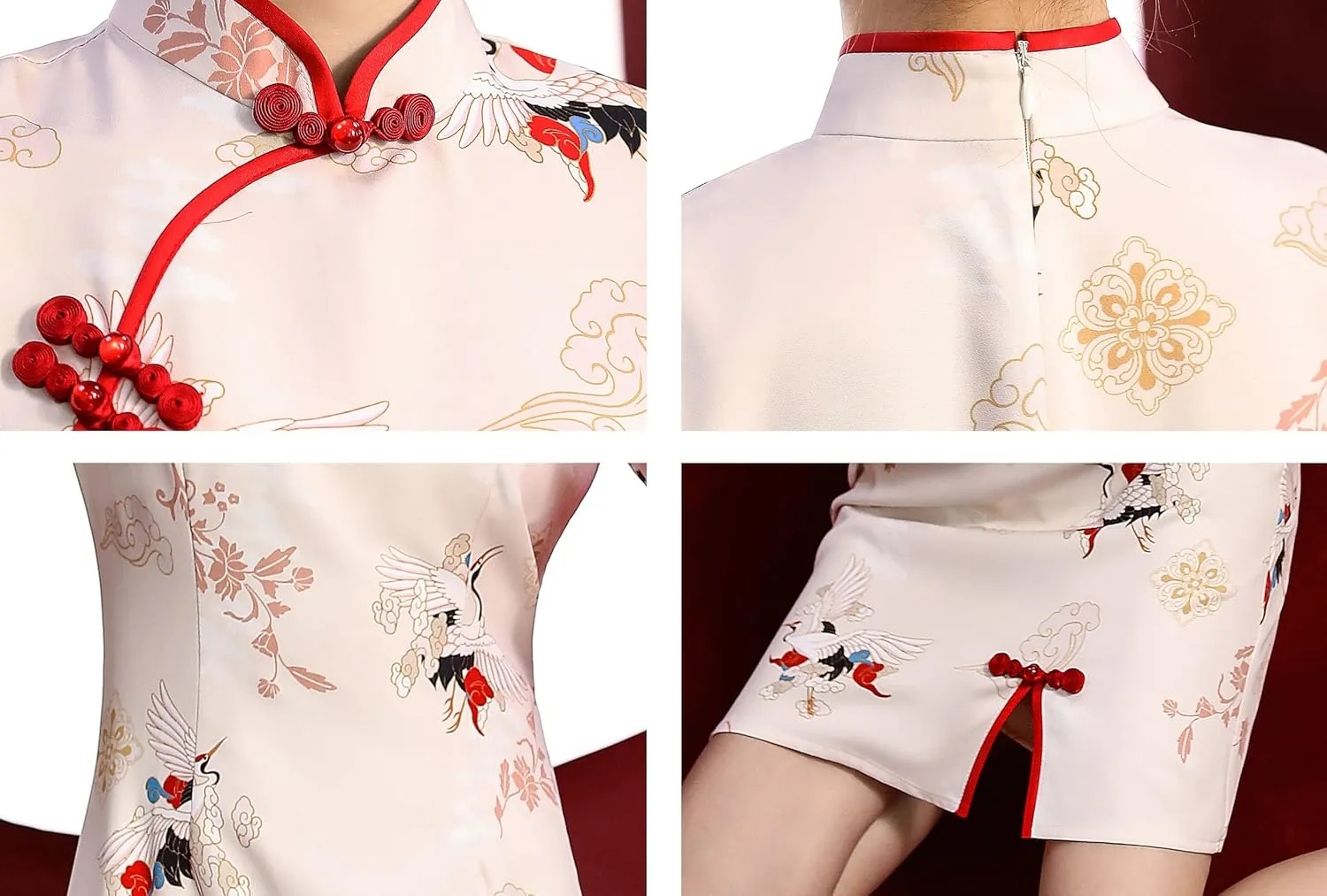LAI MENG FIVE CATS Women's Vintage Chinese Cheongsam Print Dress Short Sleeve Side Slit Mini Dress