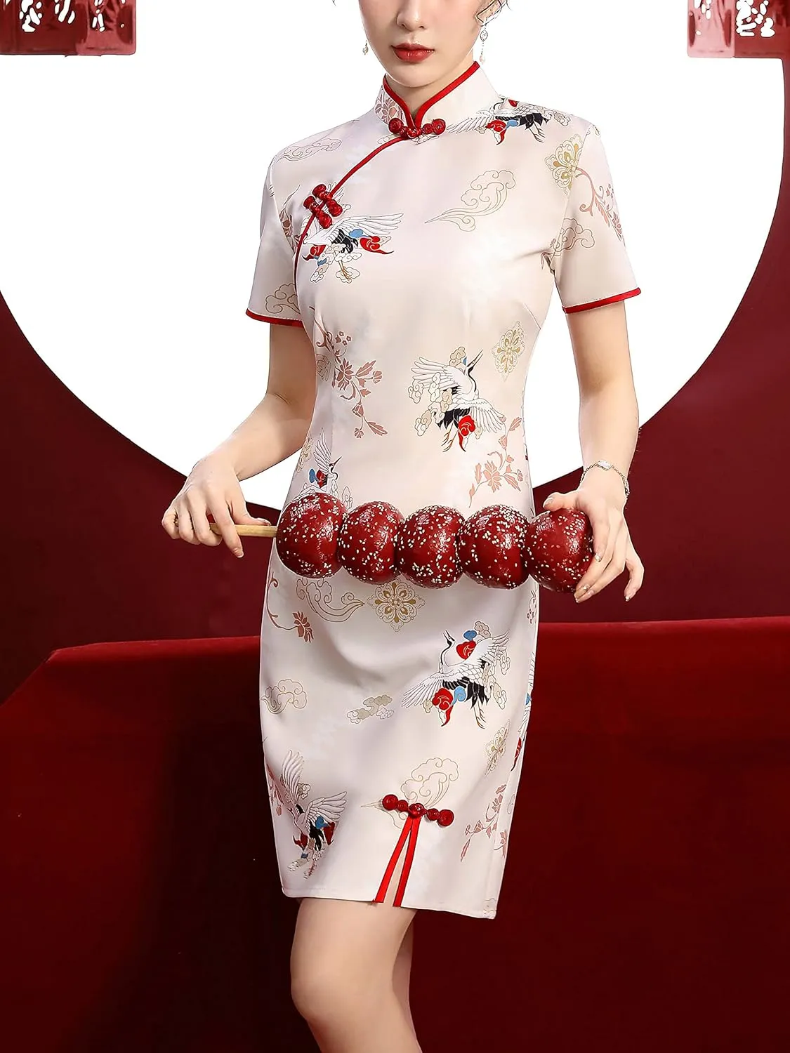 LAI MENG FIVE CATS Women's Vintage Chinese Cheongsam Print Dress Short Sleeve Side Slit Mini Dress