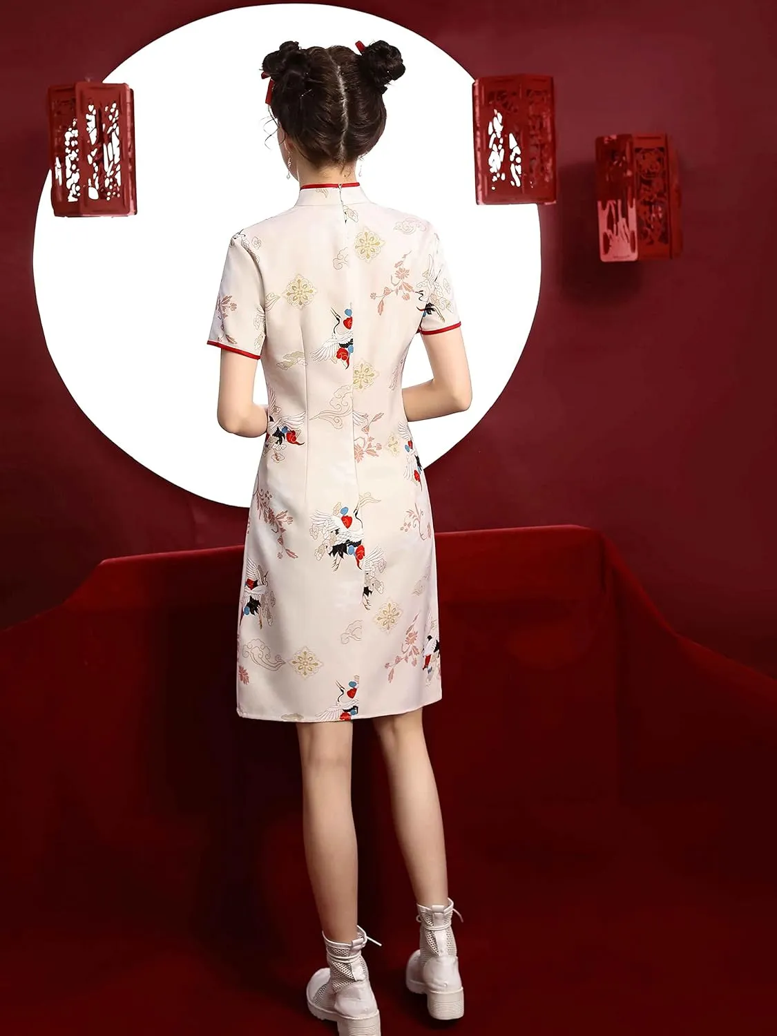 LAI MENG FIVE CATS Women's Vintage Chinese Cheongsam Print Dress Short Sleeve Side Slit Mini Dress