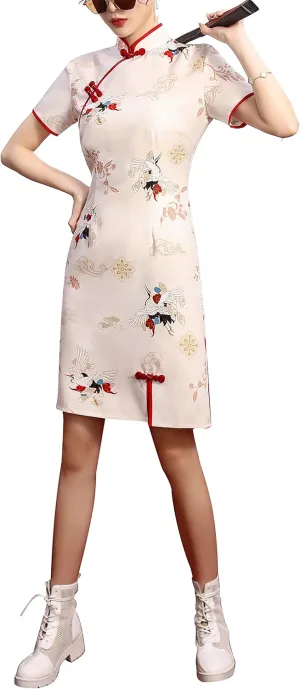 LAI MENG FIVE CATS Women's Vintage Chinese Cheongsam Print Dress Short Sleeve Side Slit Mini Dress