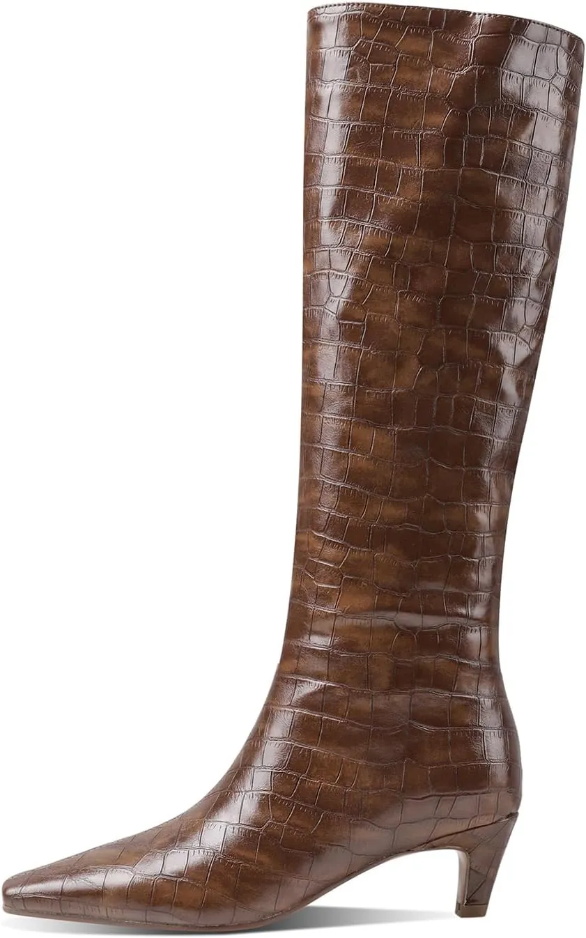 LEMUTISME Women's Fashion Square Toe Matte Leather Solid Color Wide Calf Comfortable Slip On Low Kitten Heel Dress Knee High Boots