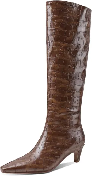 LEMUTISME Women's Fashion Square Toe Matte Leather Solid Color Wide Calf Comfortable Slip On Low Kitten Heel Dress Knee High Boots