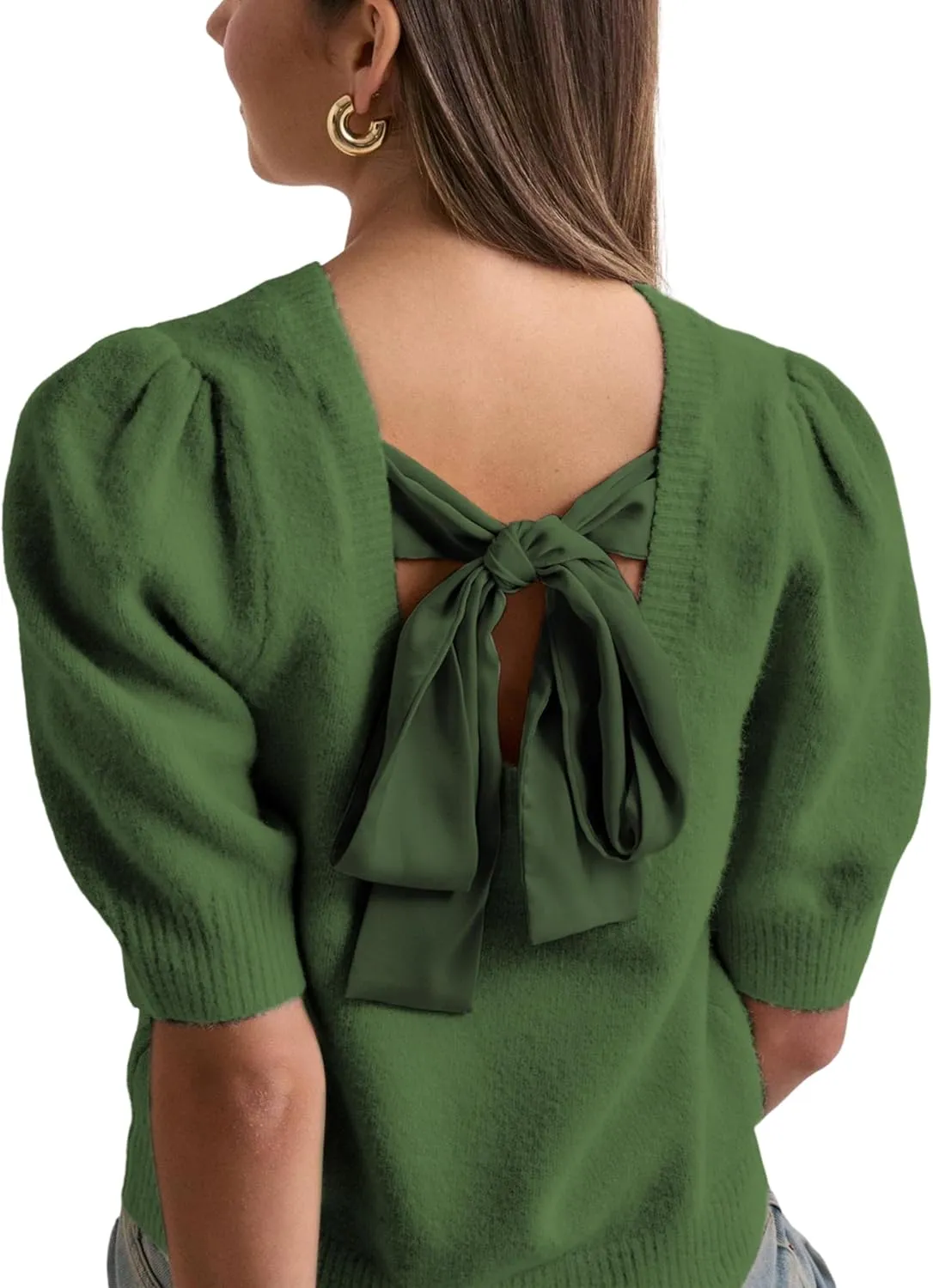 Lentta Women's Bow Knit Sweater Trendy Backless Tie Puff Short Sleeve Crewneck Knitted Pullover Tops