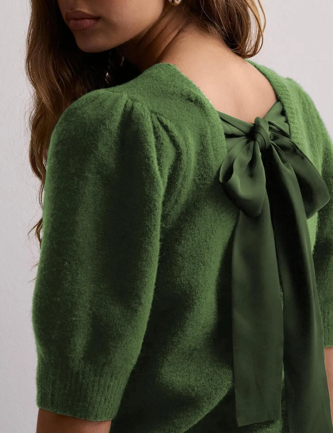 Lentta Women's Bow Knit Sweater Trendy Backless Tie Puff Short Sleeve Crewneck Knitted Pullover Tops