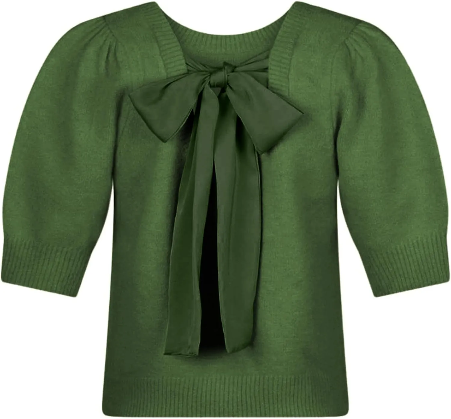 Lentta Women's Bow Knit Sweater Trendy Backless Tie Puff Short Sleeve Crewneck Knitted Pullover Tops