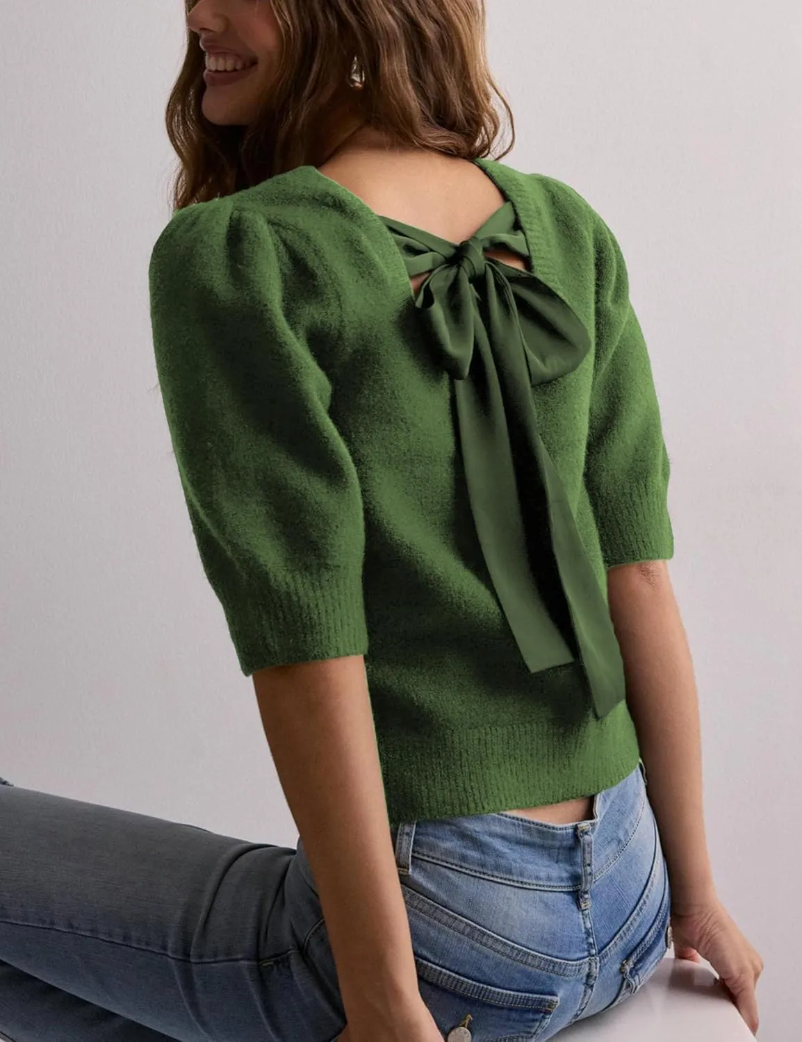 Lentta Women's Bow Knit Sweater Trendy Backless Tie Puff Short Sleeve Crewneck Knitted Pullover Tops