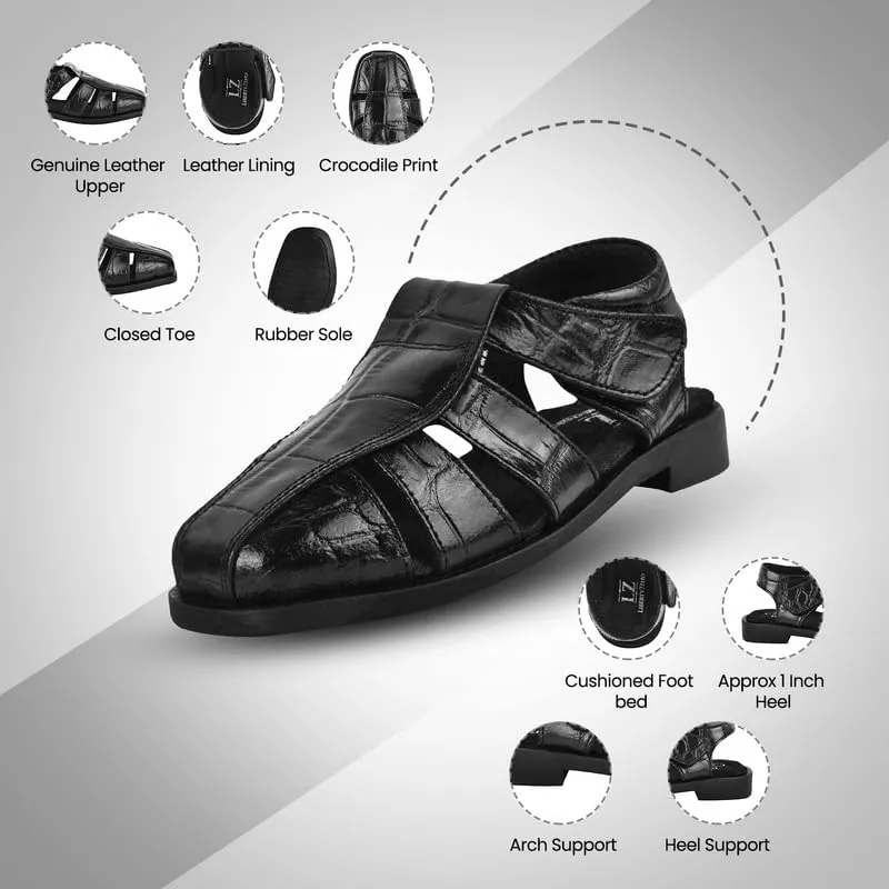 LIBERTYZENO Boys Crocodile Print Genuine Leather Kids Closed Toe Fisherman Sandal Shoes for Prom Graduation