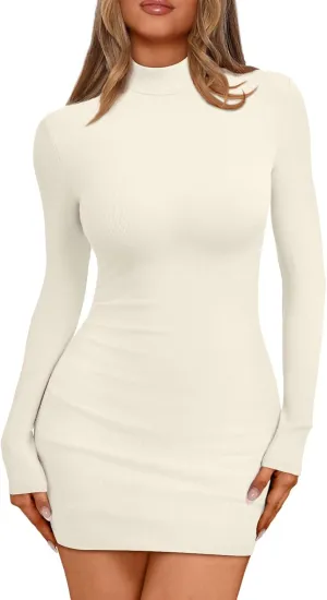 LILLUSORY Womens Mock Neck Ribbed Knit Long Sleeve Party Bodycon Mini Dresses