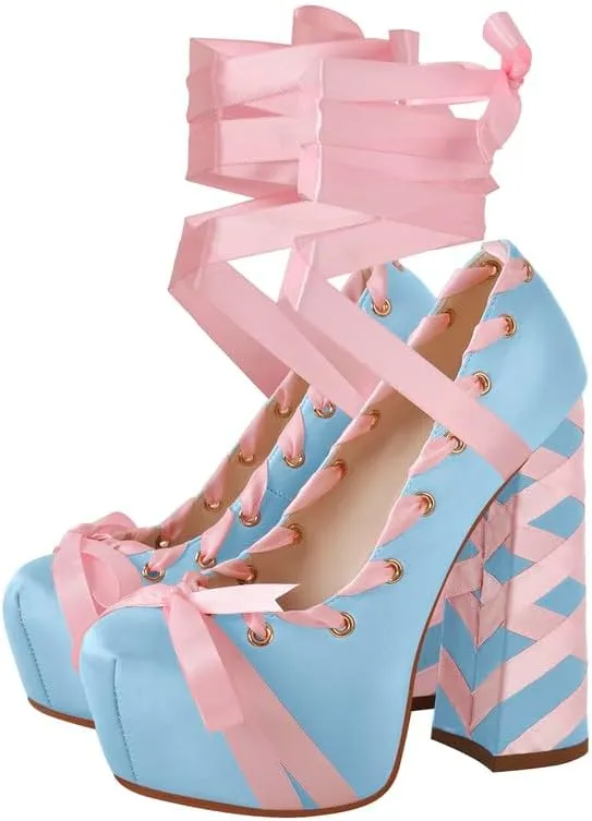 LISHAN Womens Platform Two-Toned Ballet Lace Up Strappy Pumps Chunky High Heel Bow Cute Lolita Pumps