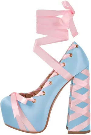 LISHAN Womens Platform Two-Toned Ballet Lace Up Strappy Pumps Chunky High Heel Bow Cute Lolita Pumps