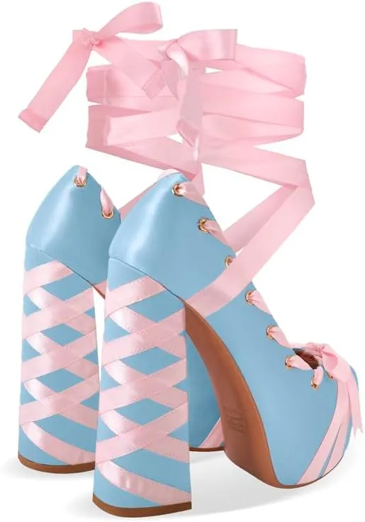 LISHAN Womens Platform Two-Toned Ballet Lace Up Strappy Pumps Chunky High Heel Bow Cute Lolita Pumps