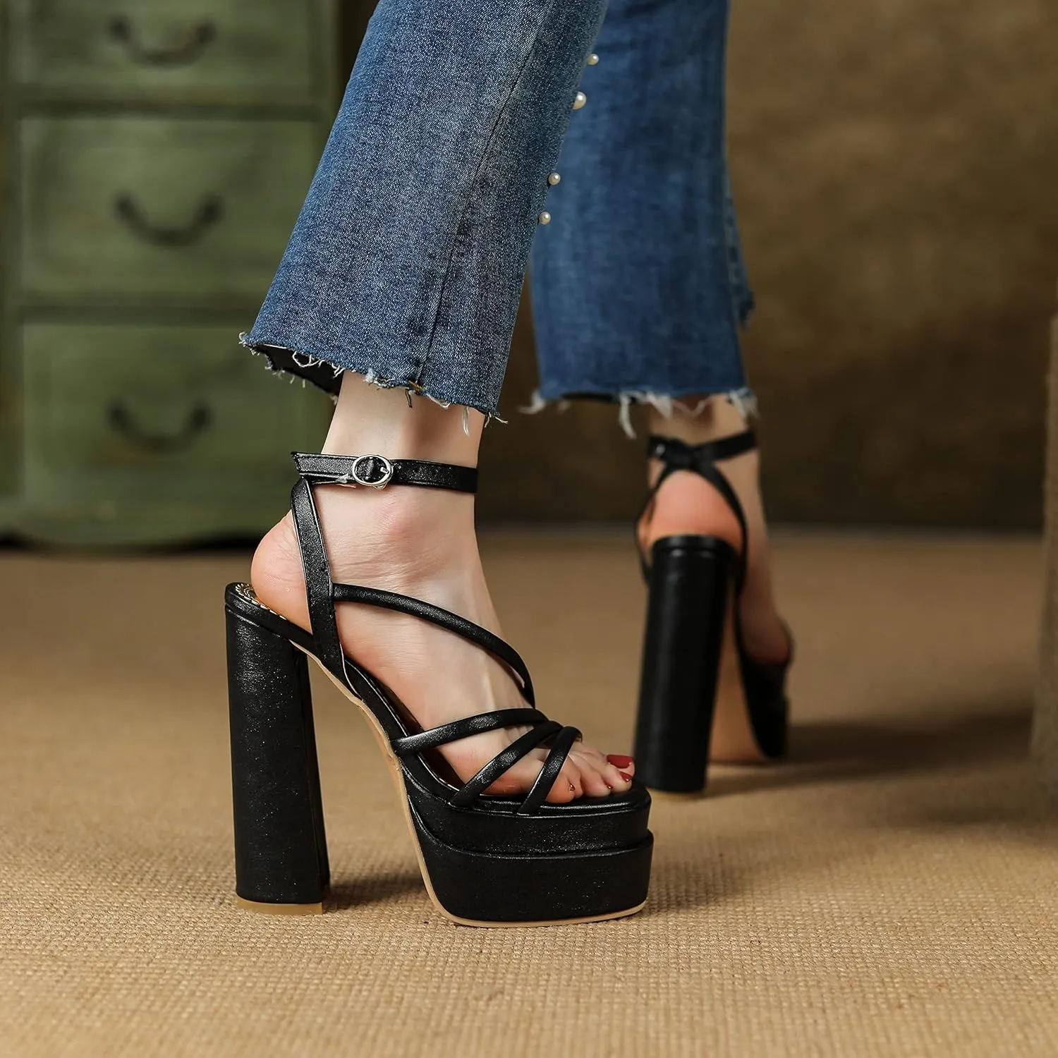 LISYIIZ Womens SS451 Fashion Dress Performance Dress Pigskin Leather Low Kitten Heeled Sandals