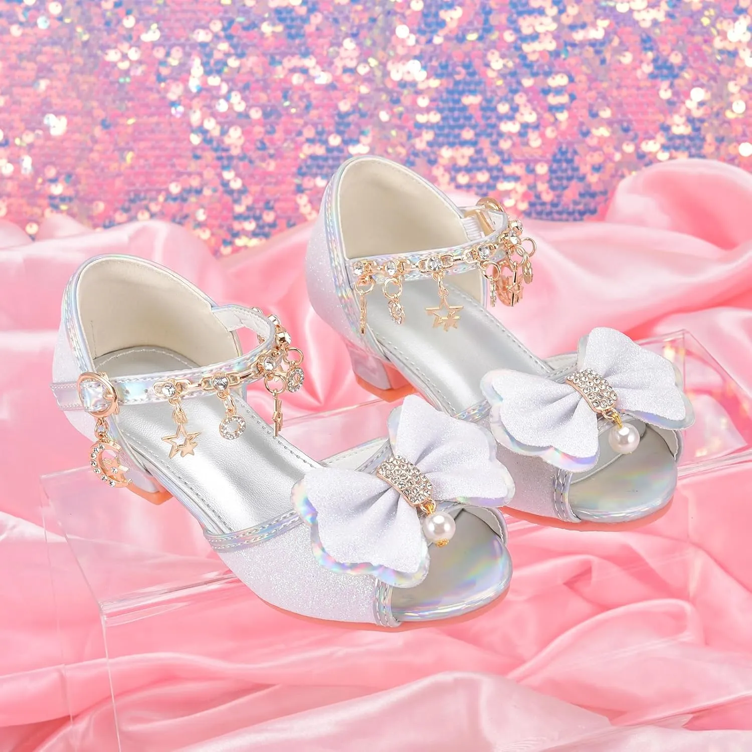 Little Girls Princess Wedding Sandals Children's Crystal High Heels Dress Shoes Performance Evening Party Flower Girl Formal Dress Shoes Toddler Big Kid Toddler