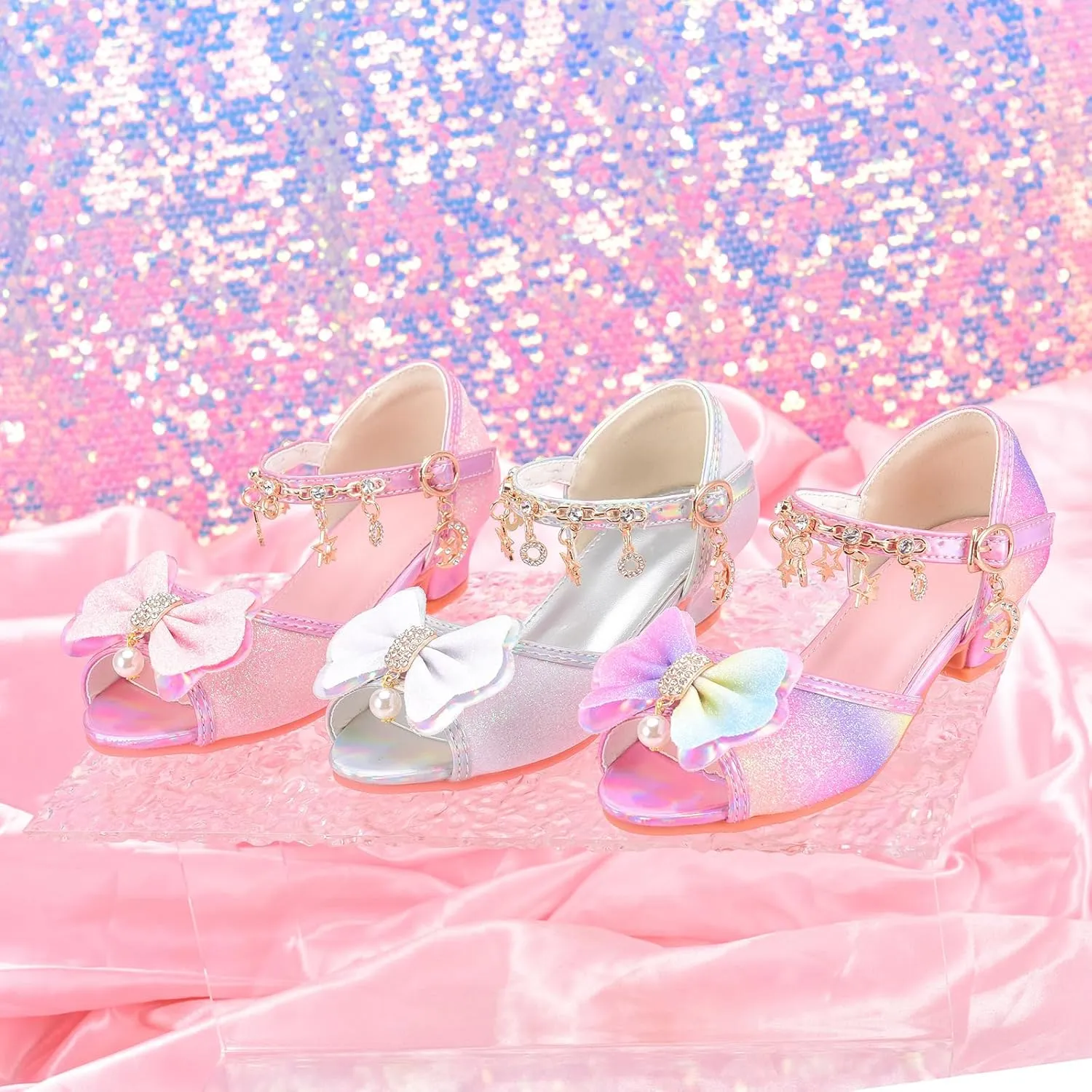 Little Girls Princess Wedding Sandals Children's Crystal High Heels Dress Shoes Performance Evening Party Flower Girl Formal Dress Shoes Toddler Big Kid Toddler