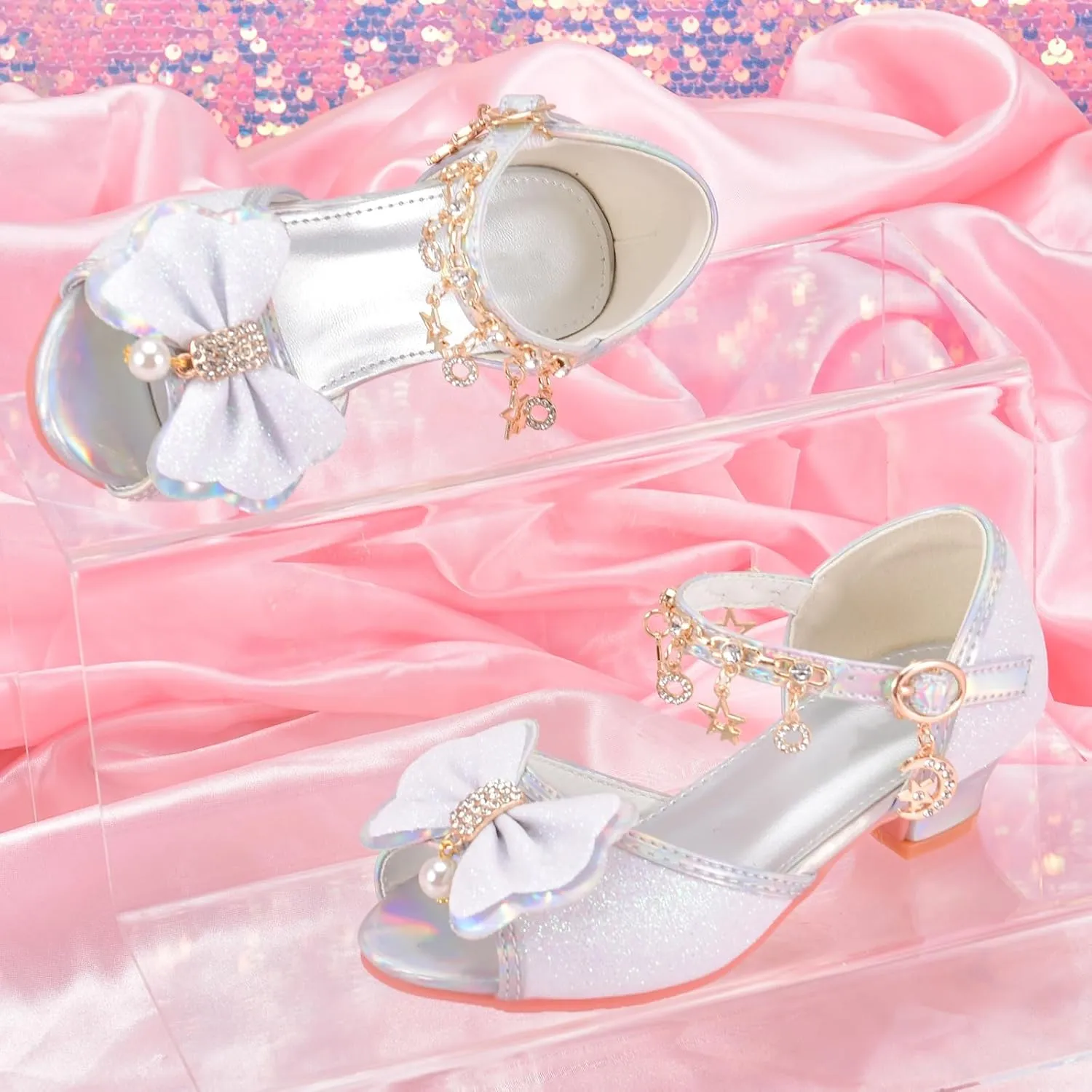 Little Girls Princess Wedding Sandals Children's Crystal High Heels Dress Shoes Performance Evening Party Flower Girl Formal Dress Shoes Toddler Big Kid Toddler