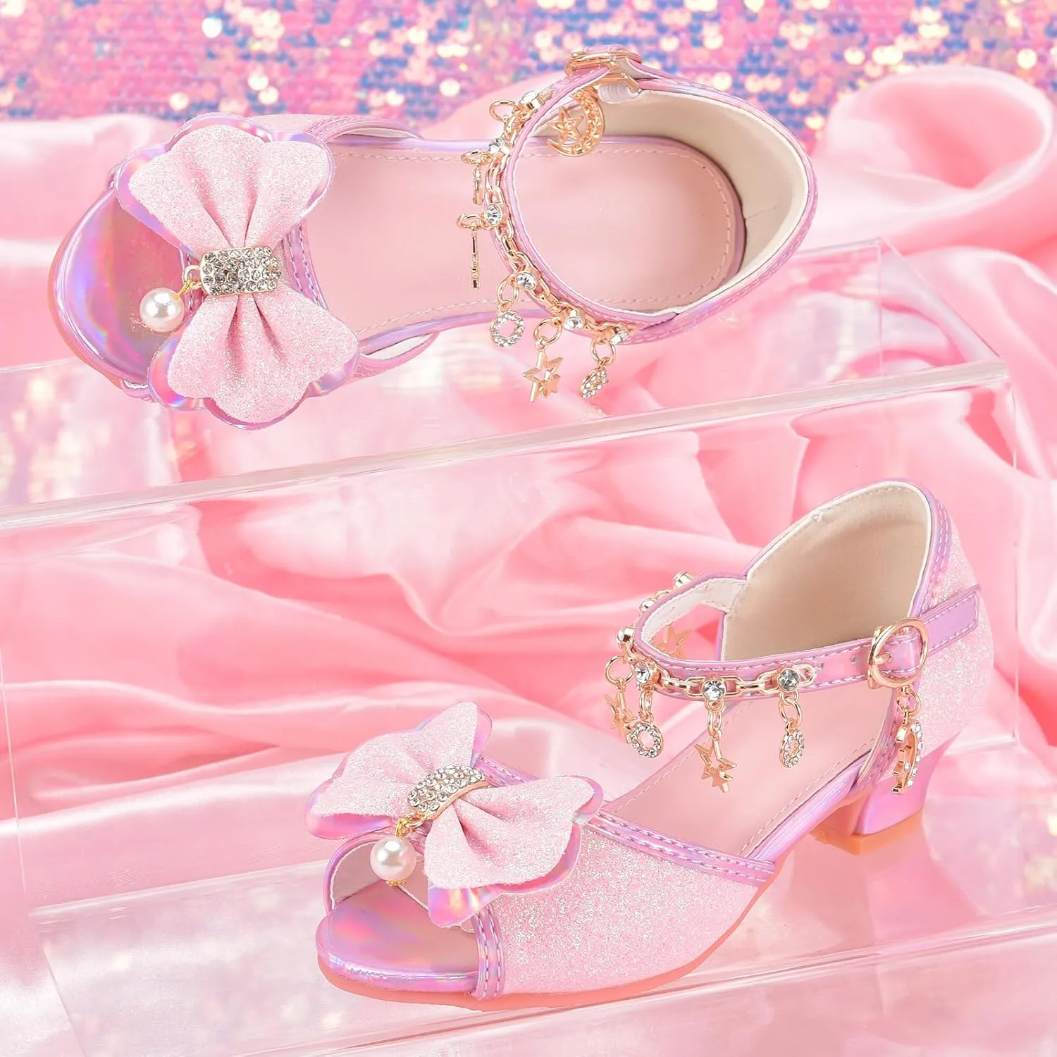 Little Girls Princess Wedding Sandals Children's Crystal High Heels Dress Shoes Performance Evening Party Flower Girl Formal Dress Shoes Toddler Big Kid Toddler