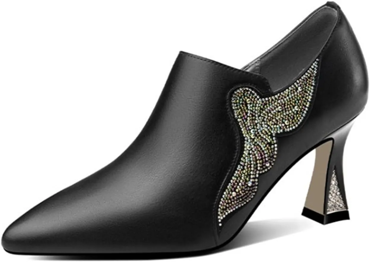 Loafers for Women Handmade Crystal Studded Women’s Pumps Genuine Leather High Heel Shoes for Wedding Dress Bride