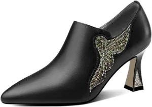 Loafers for Women Handmade Crystal Studded Women’s Pumps Genuine Leather High Heel Shoes for Wedding Dress Bride