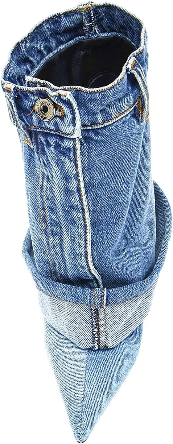 Longxuanwen Vintage Denim Ankle Short Stiletto Heels Boots for Women,Women's Jeans with Metal Buckle Pocket Style Pointed Toe Booties Retro Fashionable Ruched Cowboy Casual Kitten High Heel Boots
