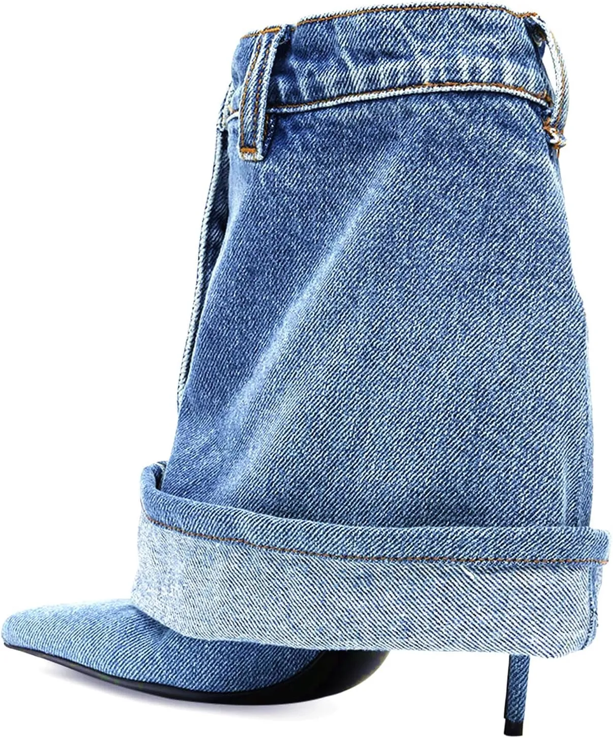 Longxuanwen Vintage Denim Ankle Short Stiletto Heels Boots for Women,Women's Jeans with Metal Buckle Pocket Style Pointed Toe Booties Retro Fashionable Ruched Cowboy Casual Kitten High Heel Boots