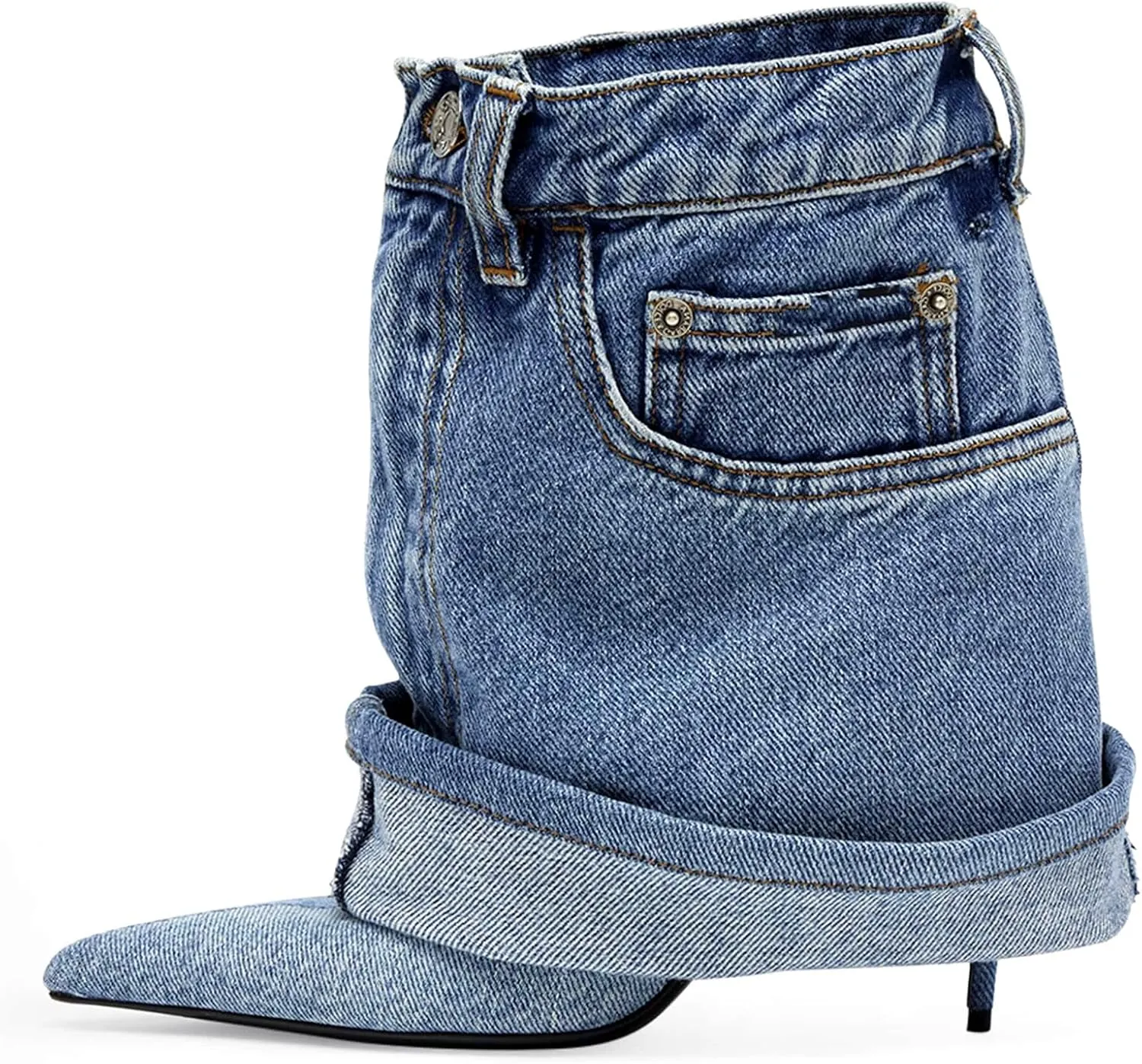 Longxuanwen Vintage Denim Ankle Short Stiletto Heels Boots for Women,Women's Jeans with Metal Buckle Pocket Style Pointed Toe Booties Retro Fashionable Ruched Cowboy Casual Kitten High Heel Boots