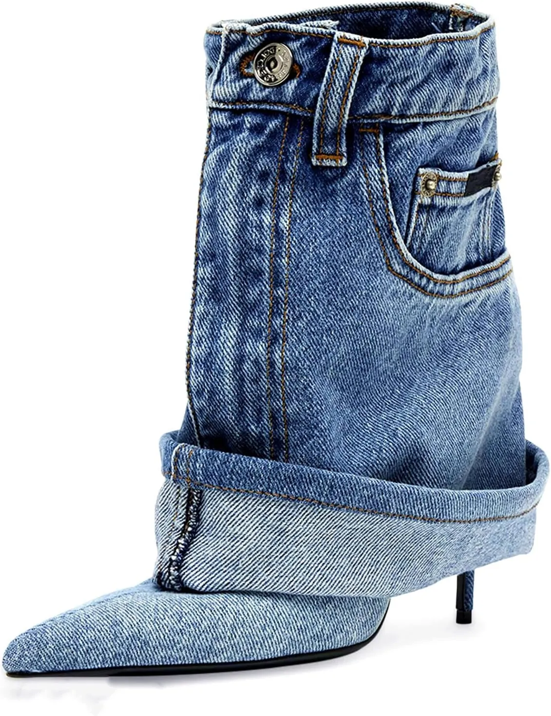 Longxuanwen Vintage Denim Ankle Short Stiletto Heels Boots for Women,Women's Jeans with Metal Buckle Pocket Style Pointed Toe Booties Retro Fashionable Ruched Cowboy Casual Kitten High Heel Boots