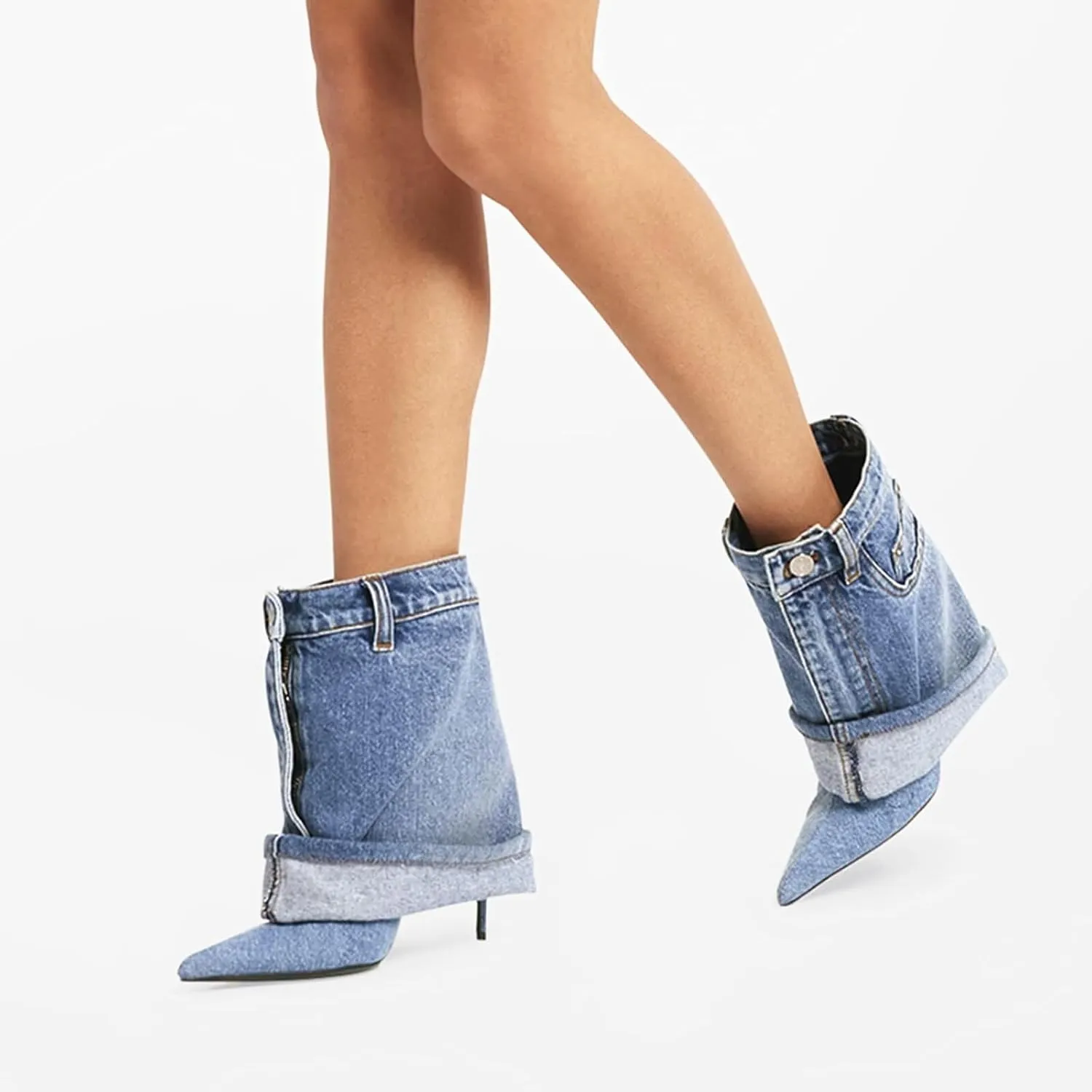 Longxuanwen Vintage Denim Ankle Short Stiletto Heels Boots for Women,Women's Jeans with Metal Buckle Pocket Style Pointed Toe Booties Retro Fashionable Ruched Cowboy Casual Kitten High Heel Boots