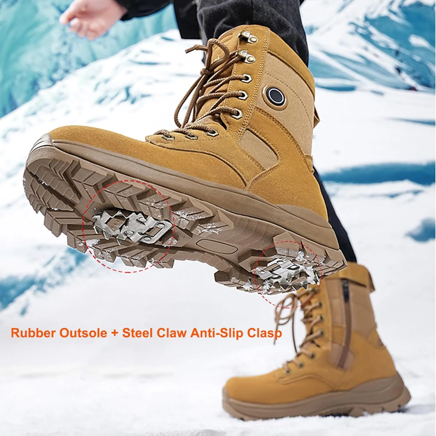 Loowoko Heated Boots for Men & Women, Rechargeable Battery Operated Electric Heating Foot Warmer, Waterproof Military Tactical Combat Boot with Slip-Resistant Ice Cleat, 3 Level Temperature Control